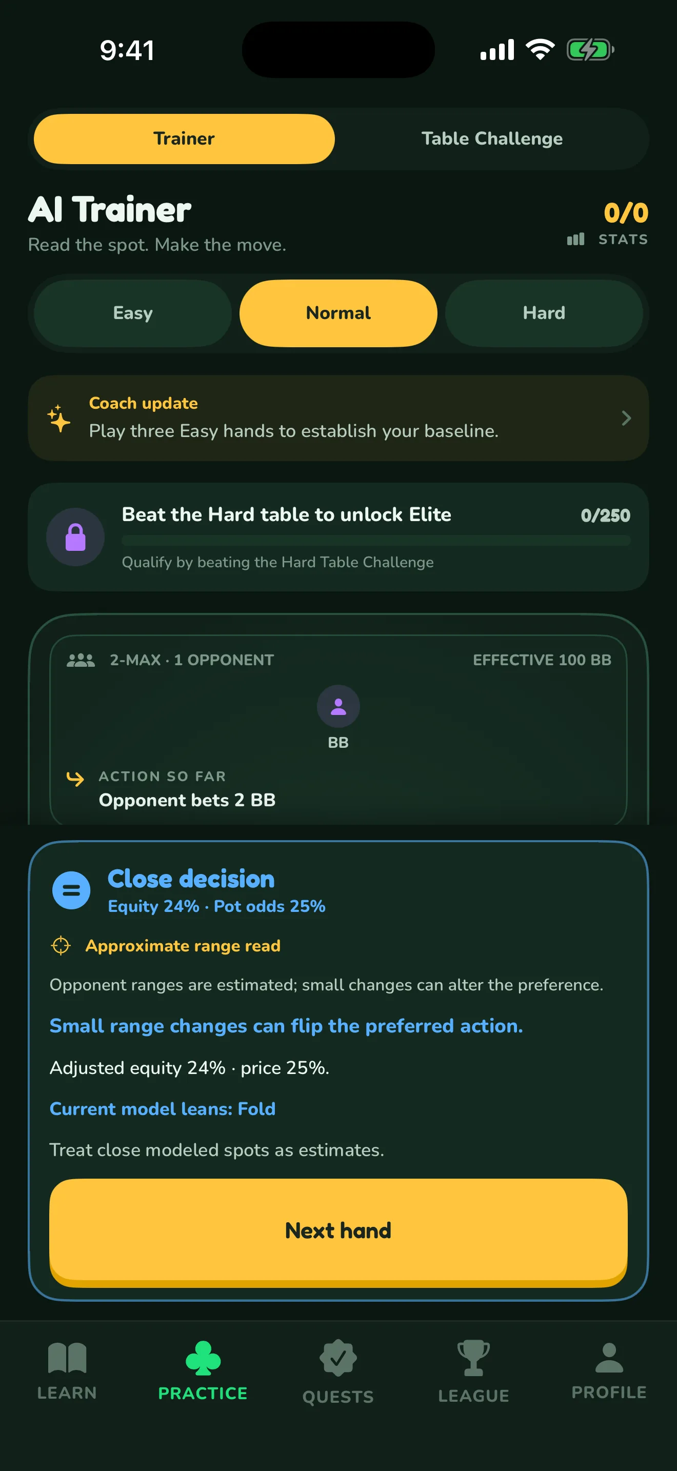 Learn Mode feedback explaining a poker decision