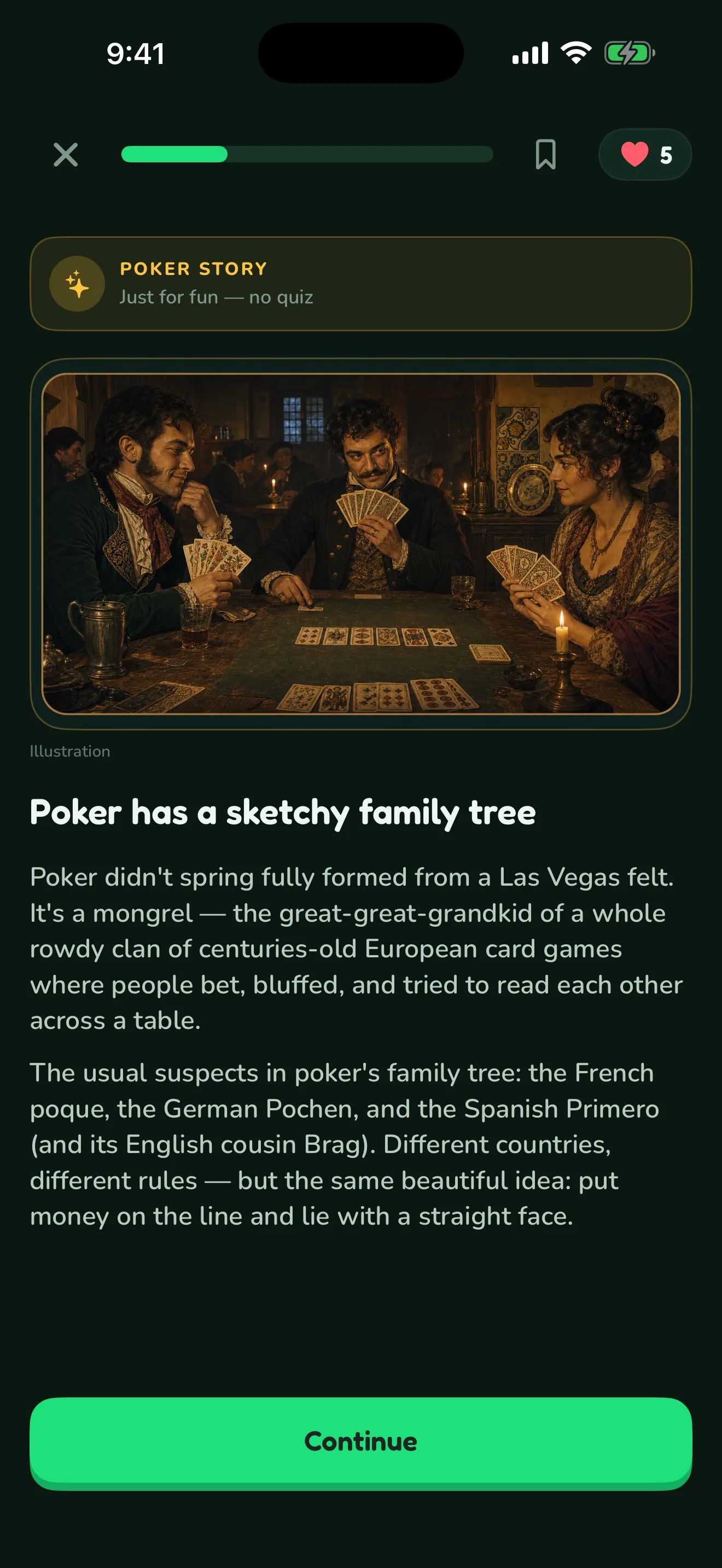 An illustrated poker-history story in PokerSharp